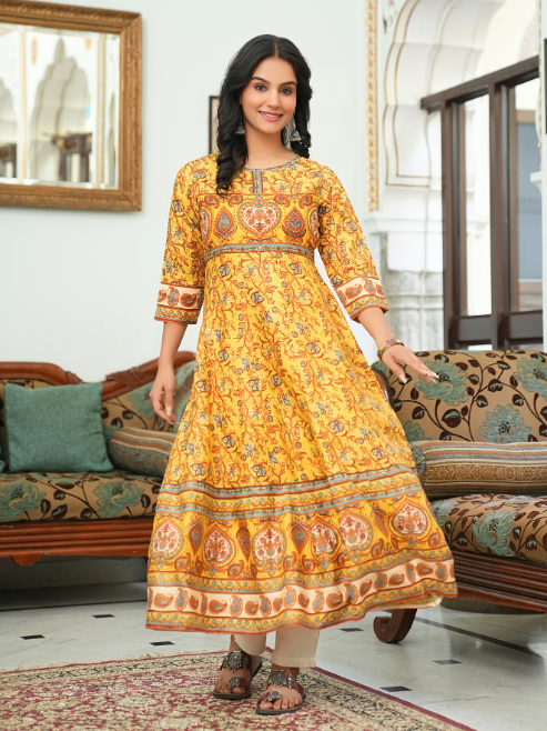 Rayon Floral Printed Anarkali Kurta (MUSTARD)