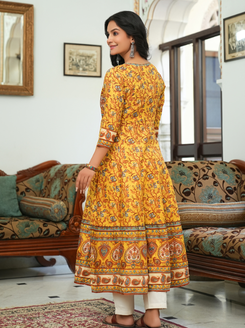 women rayon floral printed anarkali kurta mustard