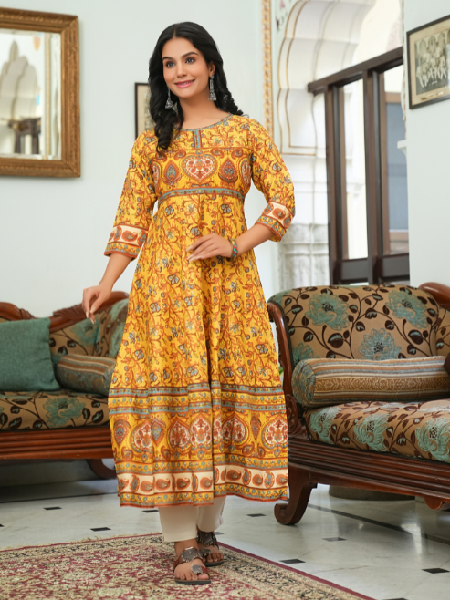 women rayon floral printed anarkali kurta mustard