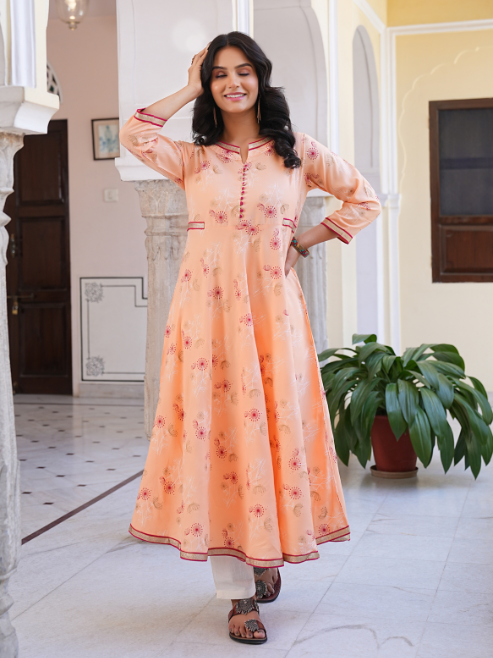 Rayon Floral Printed Anarkali Kurta (PEACH)