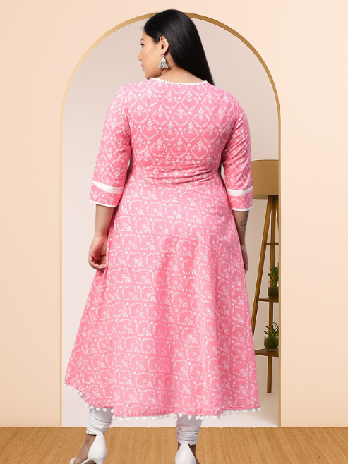 women cotton floral print anarkali kurta pink