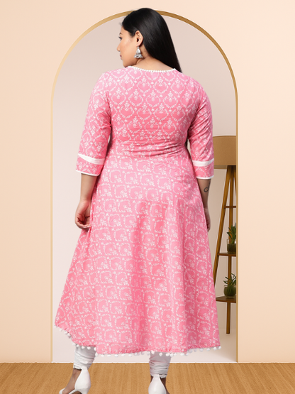 women cotton floral print anarkali kurta pink