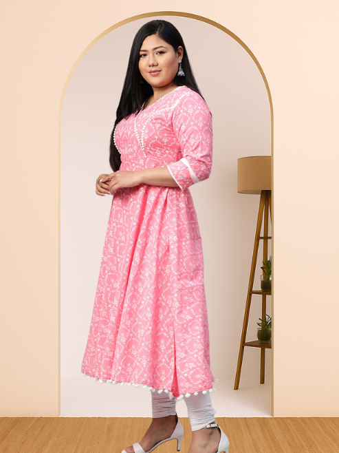 women cotton floral print anarkali kurta pink
