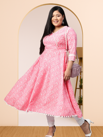 women cotton floral print anarkali kurta pink
