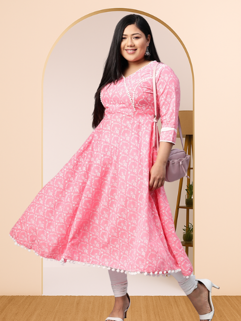 women cotton floral print anarkali kurta pink