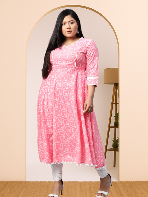 women cotton floral print anarkali kurta pink