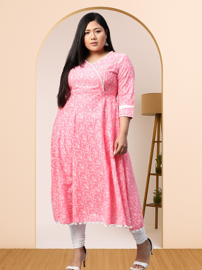 women cotton floral print anarkali kurta pink