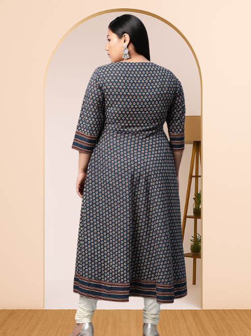 women cotton floral print anarkali kurta blue