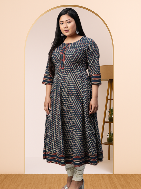 women cotton floral print anarkali kurta blue