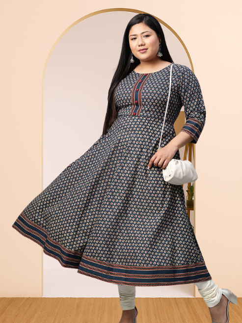 women cotton floral print anarkali kurta blue