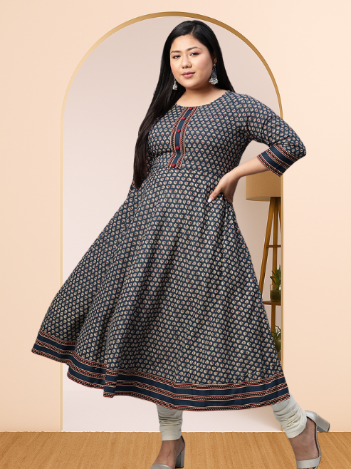 women cotton floral print anarkali kurta blue