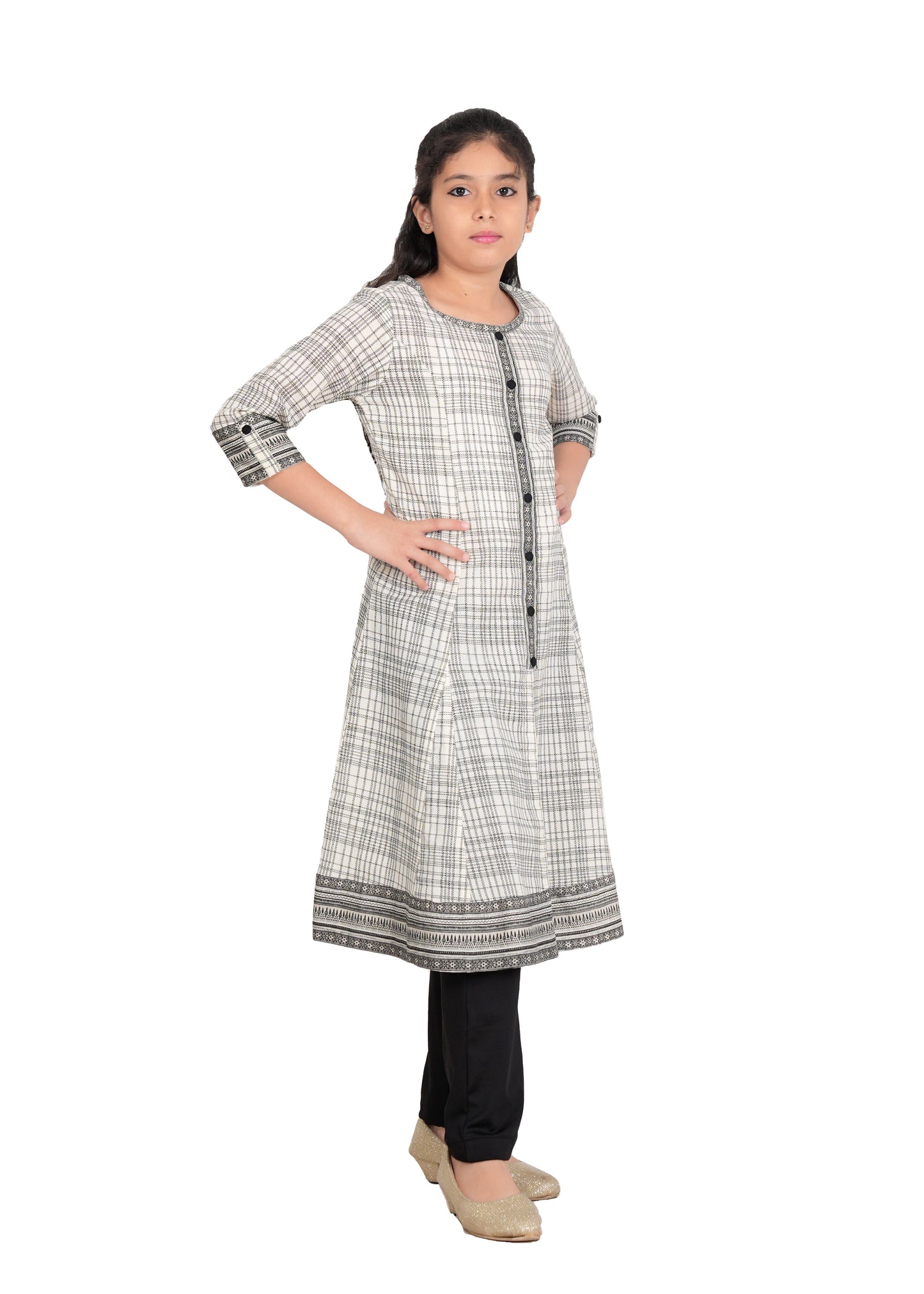 Yash Gallery Kids Cotton Slub Geomatrical Printed Rayon Anarkali Kurta (Off White)