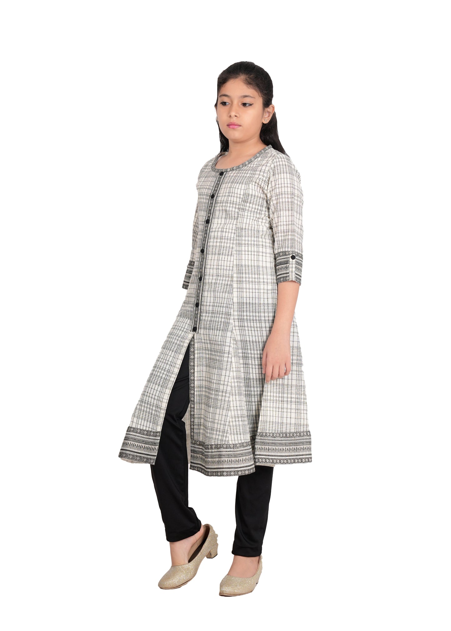 Yash Gallery Kids Cotton Slub Geomatrical Printed Rayon Anarkali Kurta (Off White)