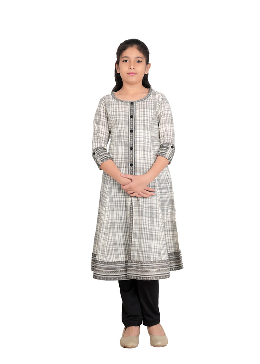 Yash Gallery Kids Cotton Slub Geomatrical Printed Rayon Anarkali Kurta (Off White)