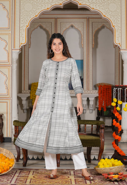 women cotton slub geomatrical printed anarkali kurta