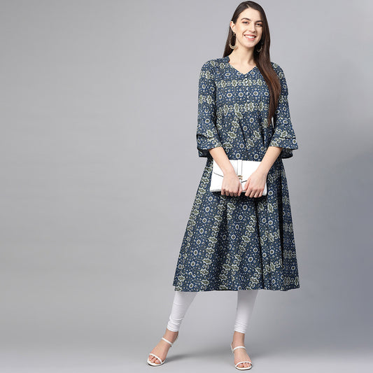 Cotton Floral Printed Anarkali Kurta (BLUE)