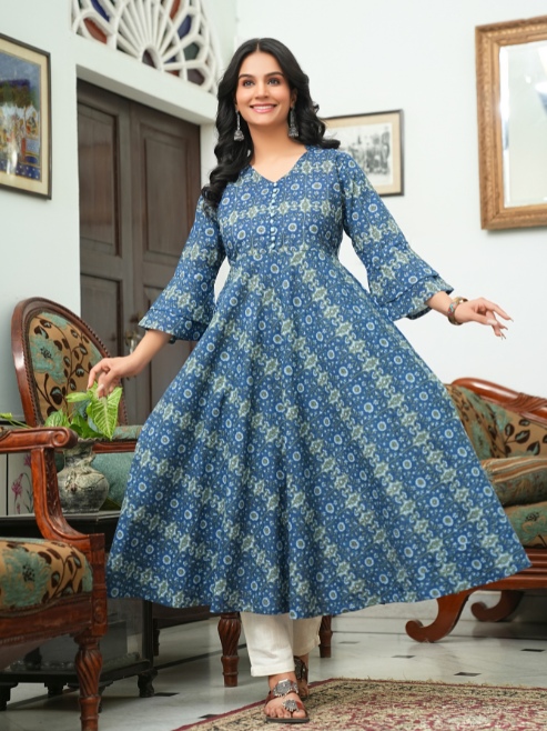 women cotton floral printed anarkali kurta blue