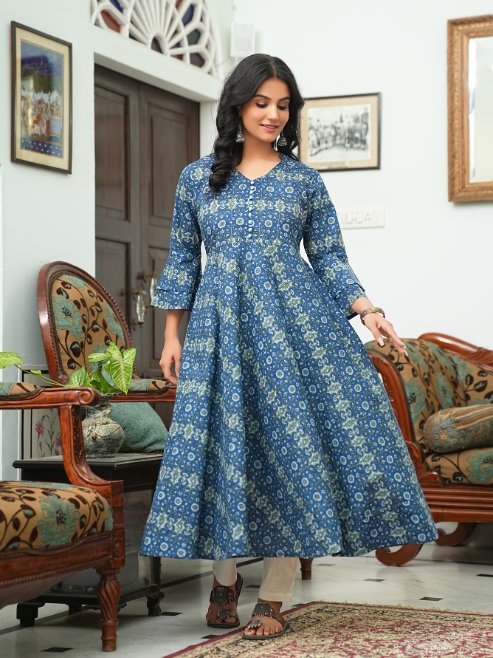 women cotton floral printed anarkali kurta blue