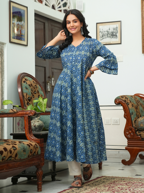 women cotton floral printed anarkali kurta blue