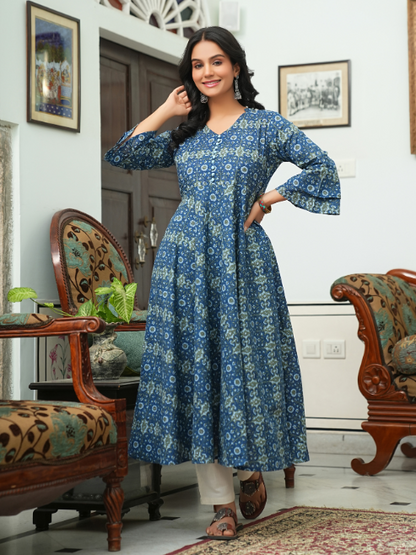 women cotton floral printed anarkali kurta blue