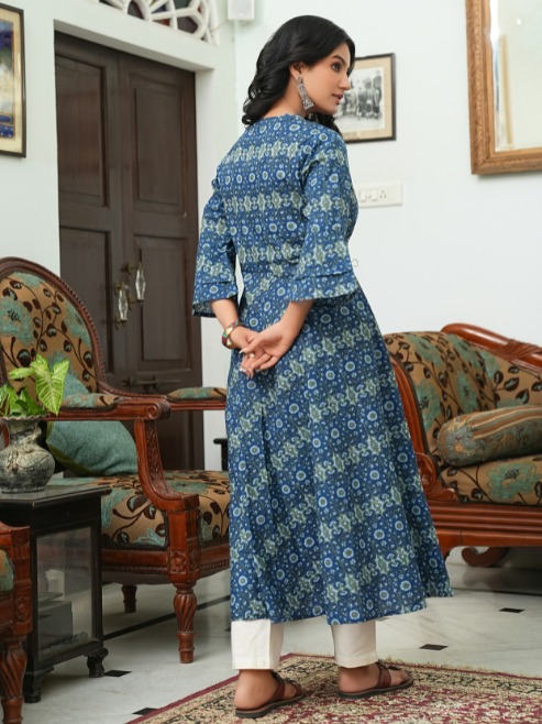 women cotton floral printed anarkali kurta blue