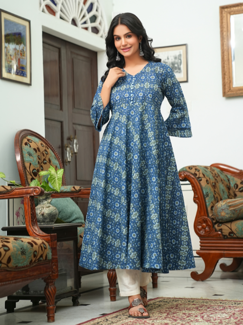 women cotton floral printed anarkali kurta blue
