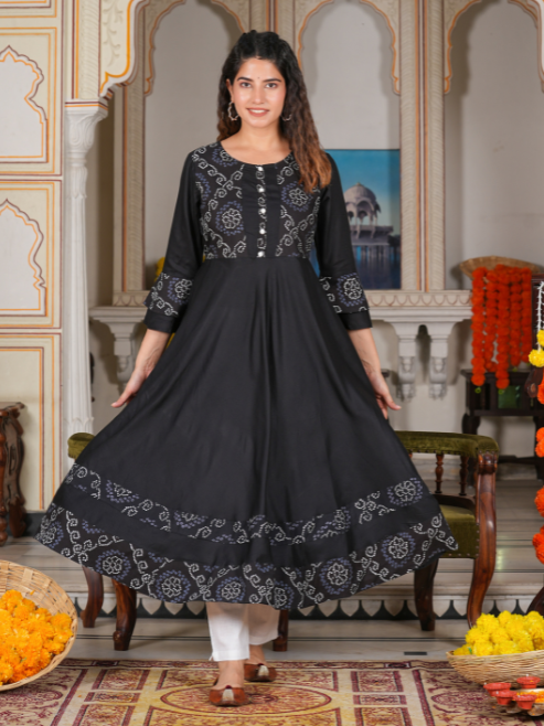 Cotton Slub Bandhej Print Anarkali Kurta