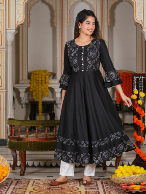 women cotton slub bandhej print anarkali kurta