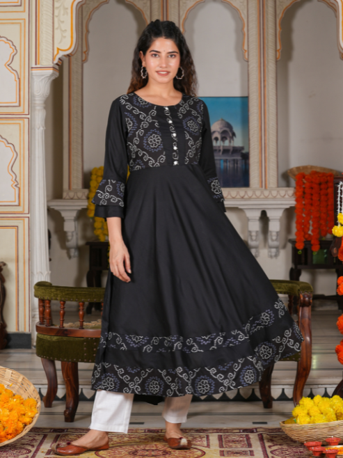 women cotton slub bandhej print anarkali kurta