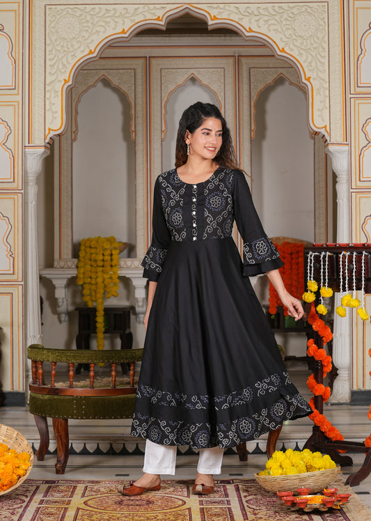 women cotton slub bandhej print anarkali kurta