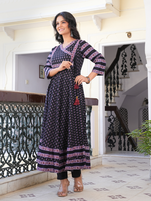 women rayon floral printed anarkali kurta black
