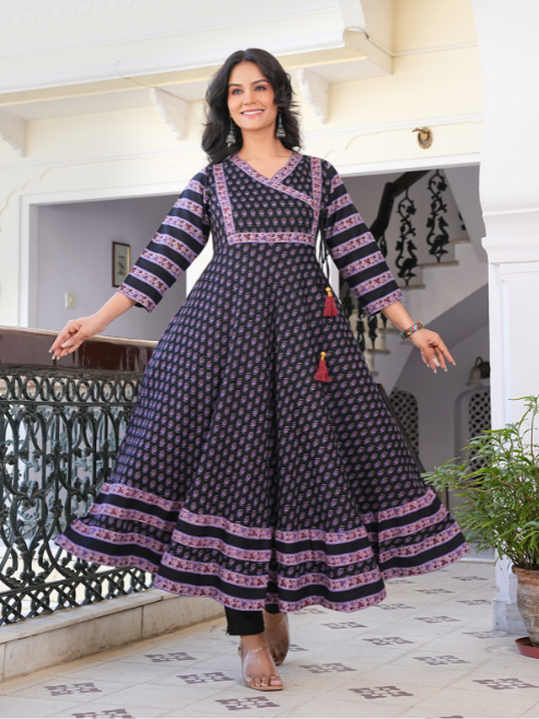 women rayon floral printed anarkali kurta black
