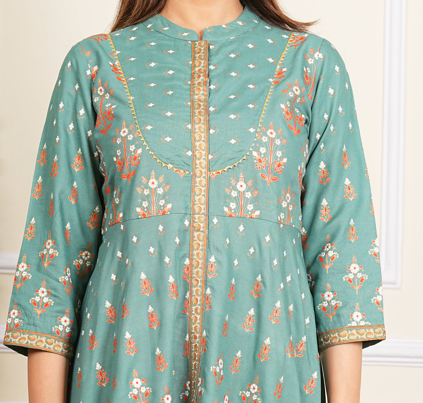 YASH GALLERY Women's Rayon Floral Printed Anarkali Kurta Mandarin Collar With Gota Detailling & Duptta