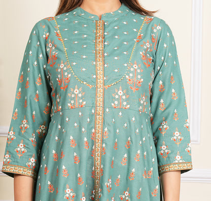 YASH GALLERY Women's Rayon Floral Printed Anarkali Kurta Mandarin Collar With Gota Detailling & Duptta