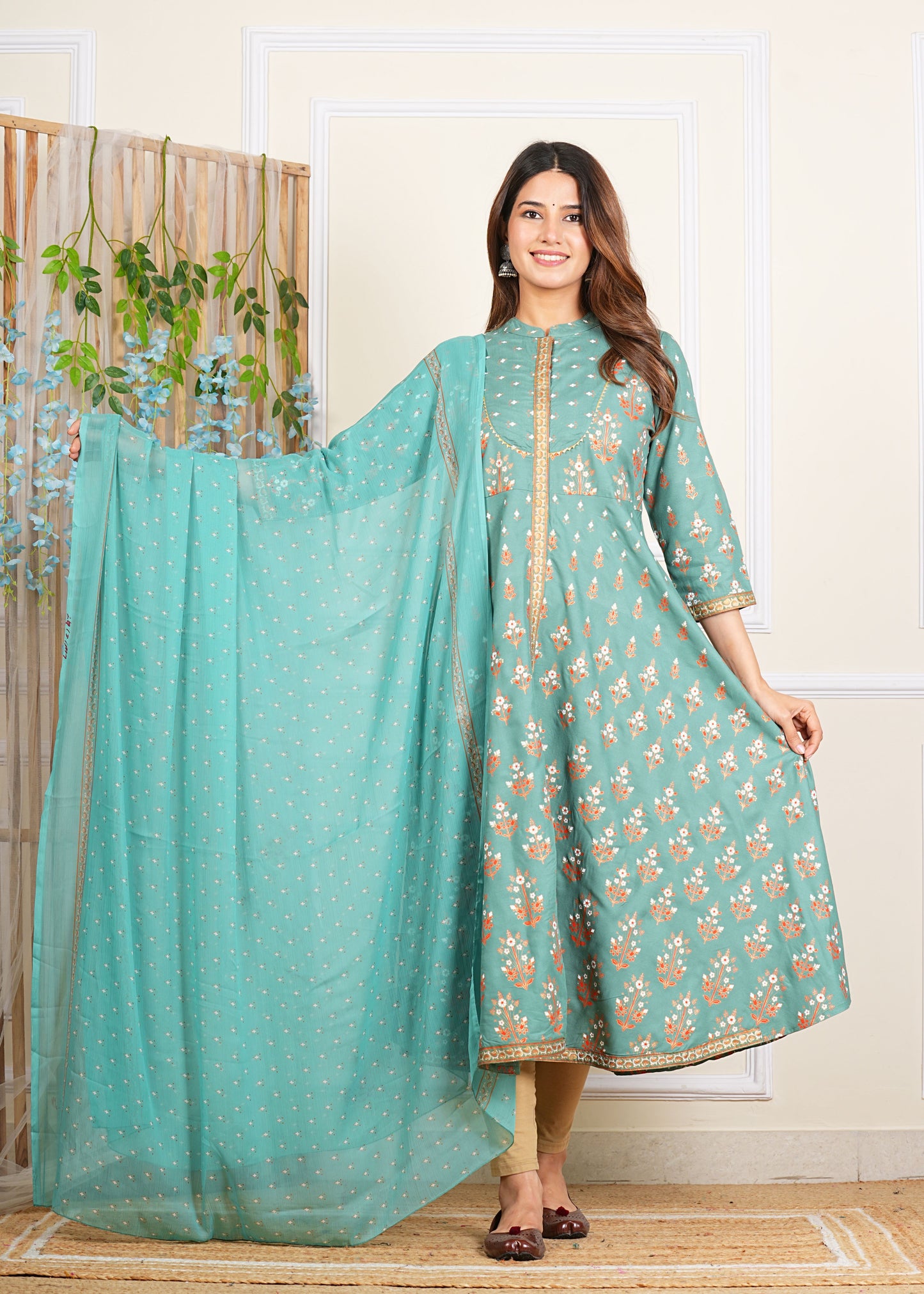 YASH GALLERY Women's Rayon Floral Printed Anarkali Kurta Mandarin Collar With Gota Detailling & Duptta
