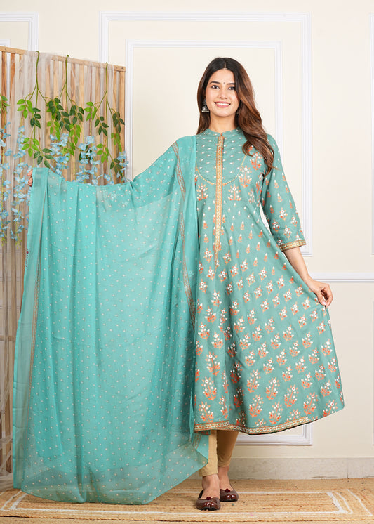 YASH GALLERY Women's Rayon Floral Printed Anarkali Kurta Mandarin Collar With Gota Detailling & Duptta