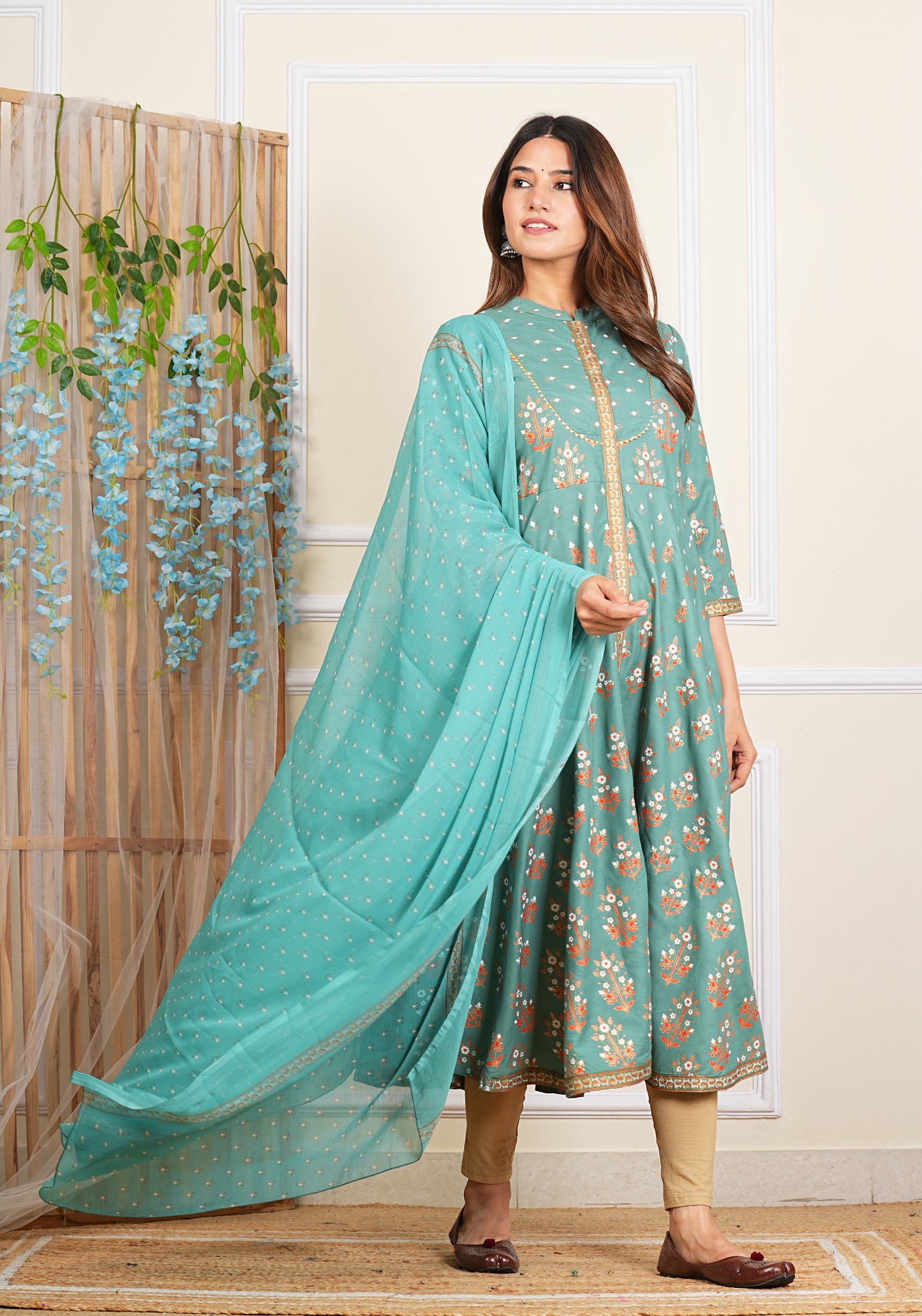 YASH GALLERY Women's Rayon Floral Printed Anarkali Kurta Mandarin Collar With Gota Detailling & Duptta