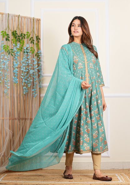 YASH GALLERY Women's Rayon Floral Printed Anarkali Kurta Mandarin Collar With Gota Detailling & Duptta