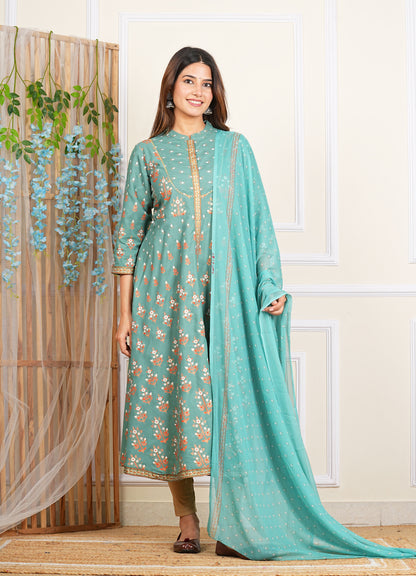 YASH GALLERY Women's Rayon Floral Printed Anarkali Kurta Mandarin Collar With Gota Detailling & Duptta