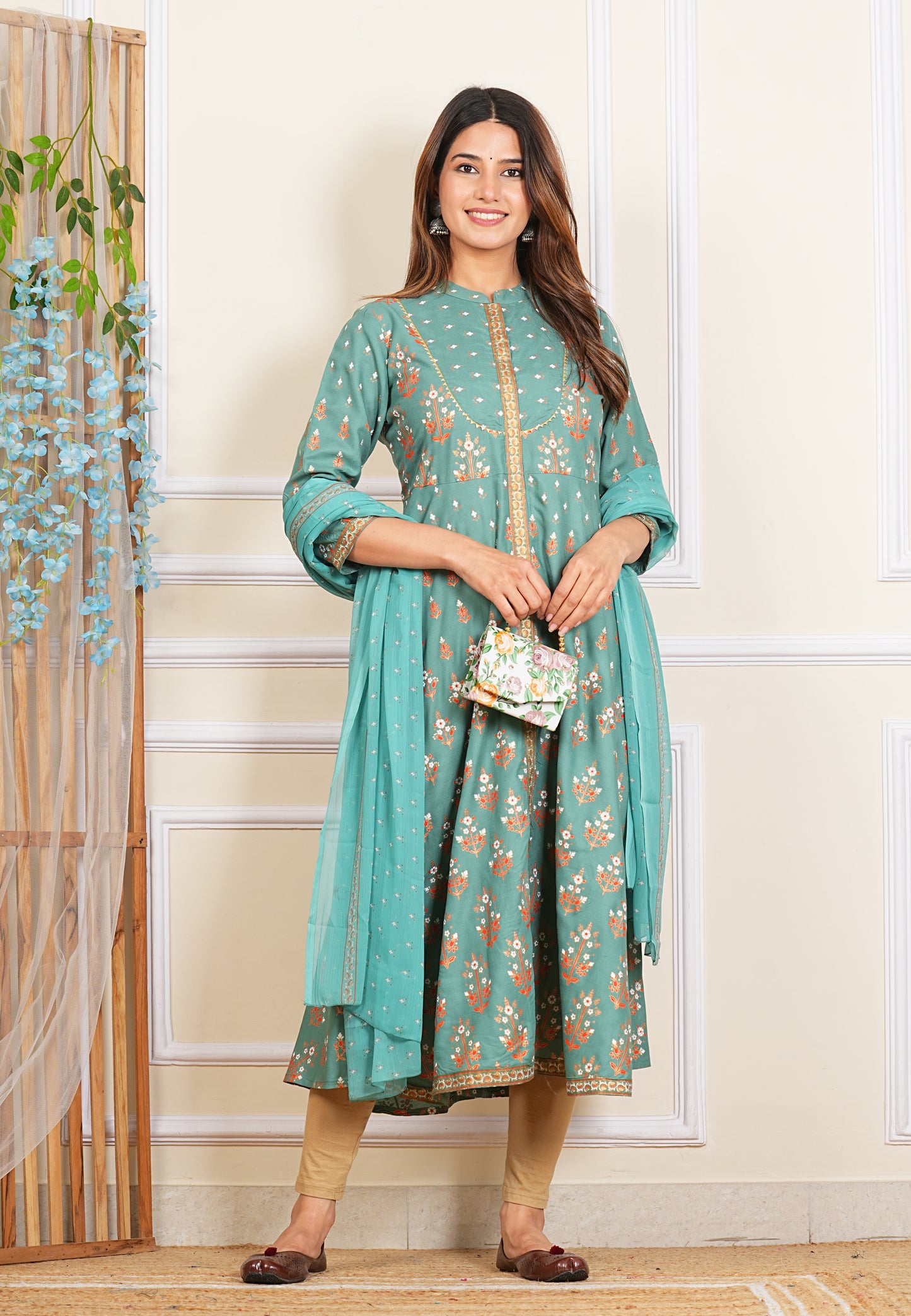 YASH GALLERY Women's Rayon Floral Printed Anarkali Kurta Mandarin Collar With Gota Detailling & Duptta