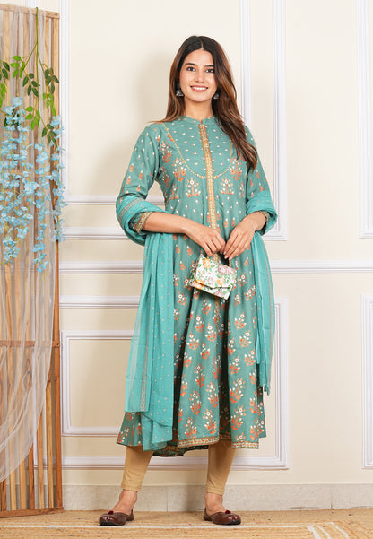 YASH GALLERY Women's Rayon Floral Printed Anarkali Kurta Mandarin Collar With Gota Detailling & Duptta