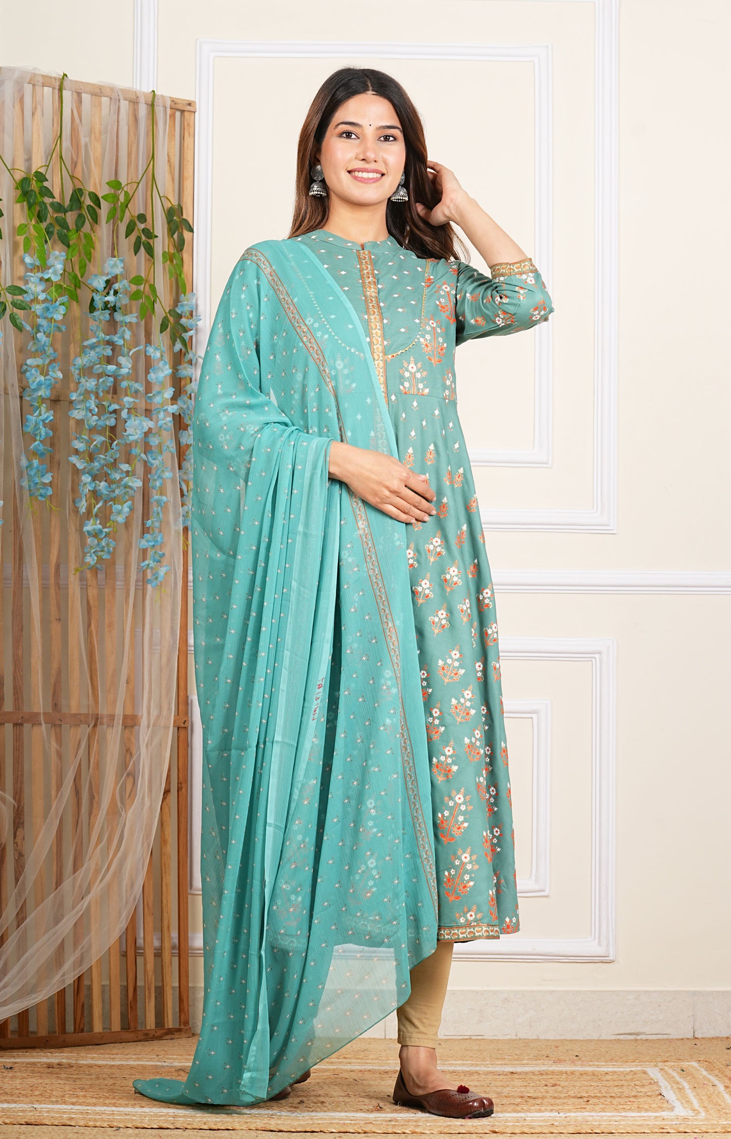 YASH GALLERY Women's Rayon Floral Printed Anarkali Kurta Mandarin Collar With Gota Detailling & Duptta