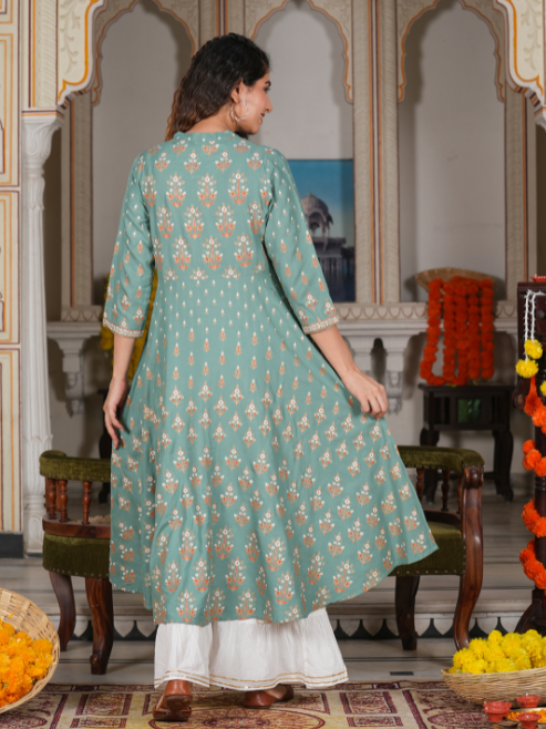 women rayon floral printed anarkali kurta green