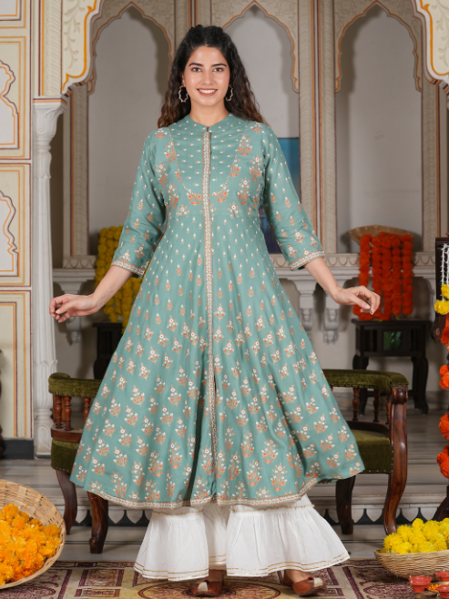 women rayon floral printed anarkali kurta green