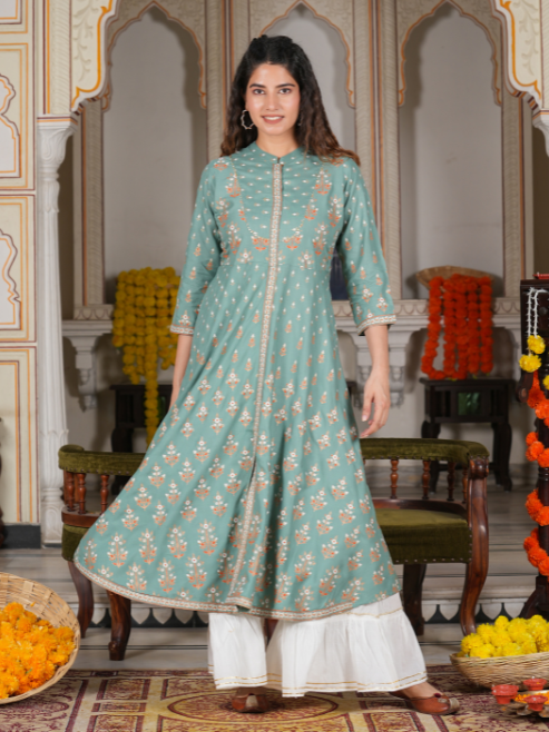 women rayon floral printed anarkali kurta green
