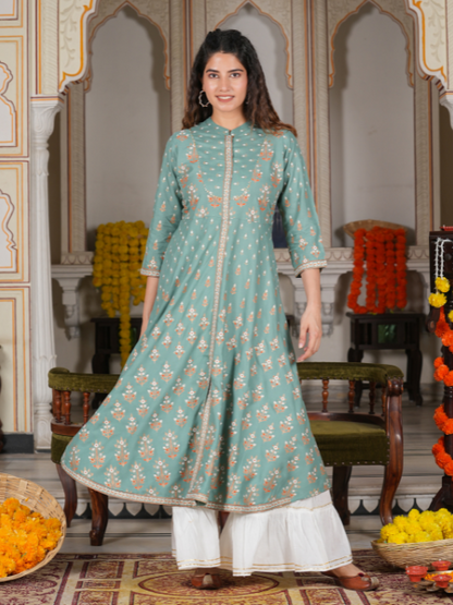 women rayon floral printed anarkali kurta green