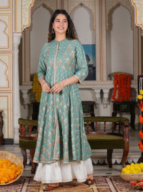 women rayon floral printed anarkali kurta green