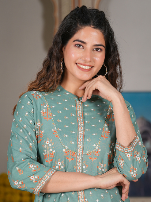 women rayon floral printed anarkali kurta green
