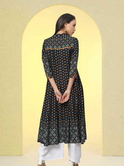 Yash Gallery Women's Printed Rayon  Calf Length Stand Collar  3/4th Sleeve With Lace Detailing  Anarkli Kurta  (Blue)