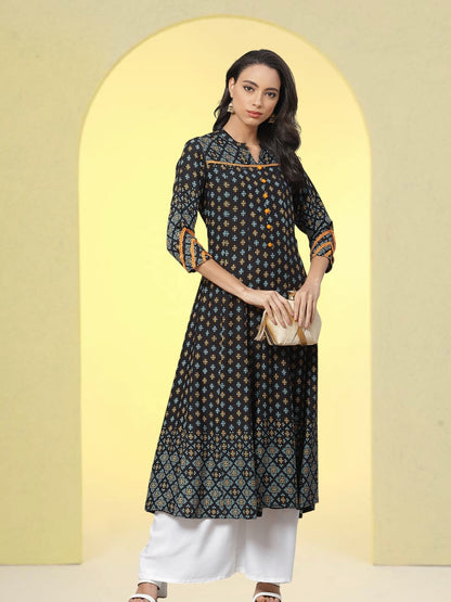 Yash Gallery Women's Printed Rayon  Calf Length Stand Collar  3/4th Sleeve With Lace Detailing  Anarkli Kurta  (Blue)